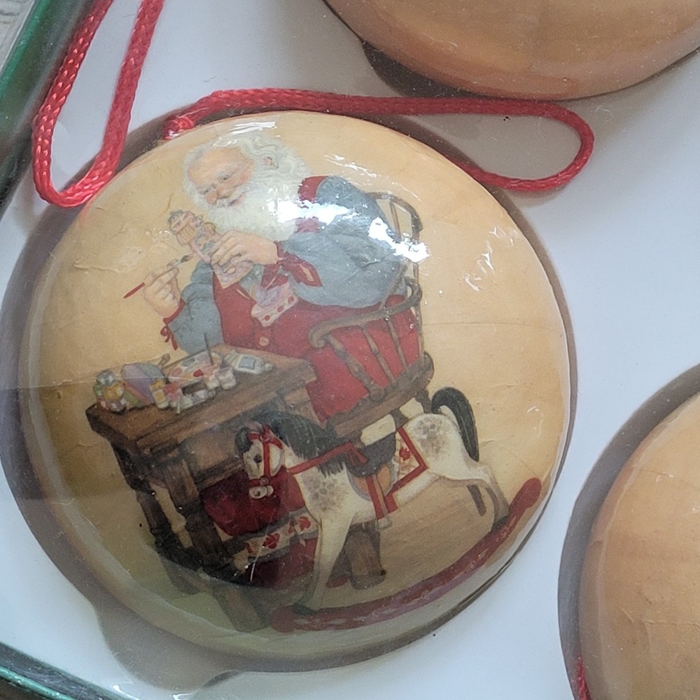 VTG Silk Tree Factory Santa's Workshop Decoupage Christmas Ornaments Set of 6 - Picture 5 of 7